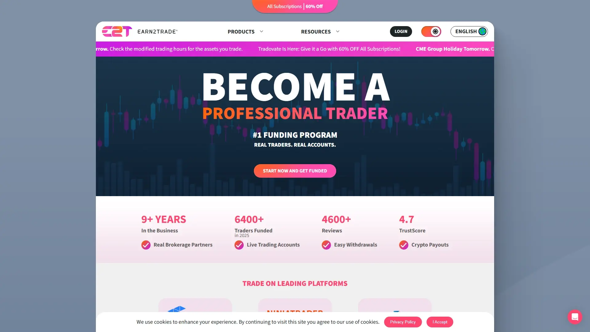 Earn2Trade homepage screenshot