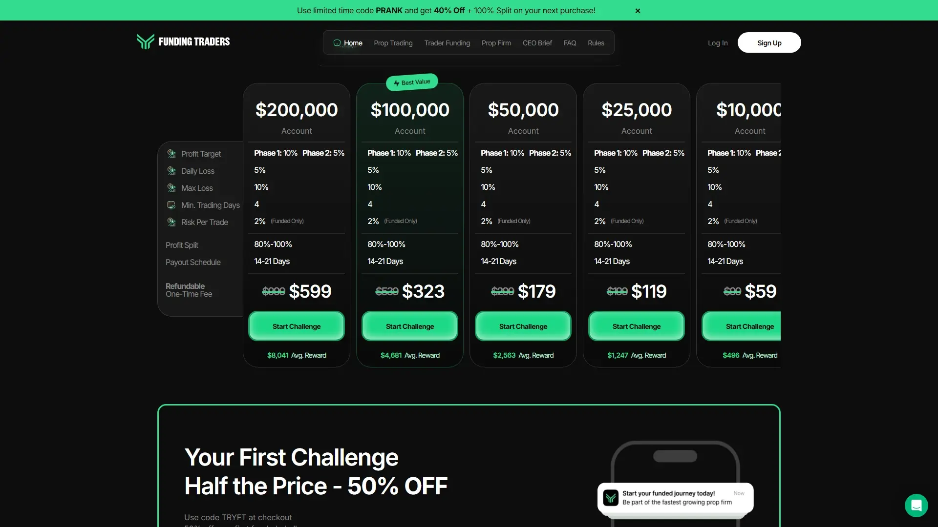 Funding Traders plans page screenshot