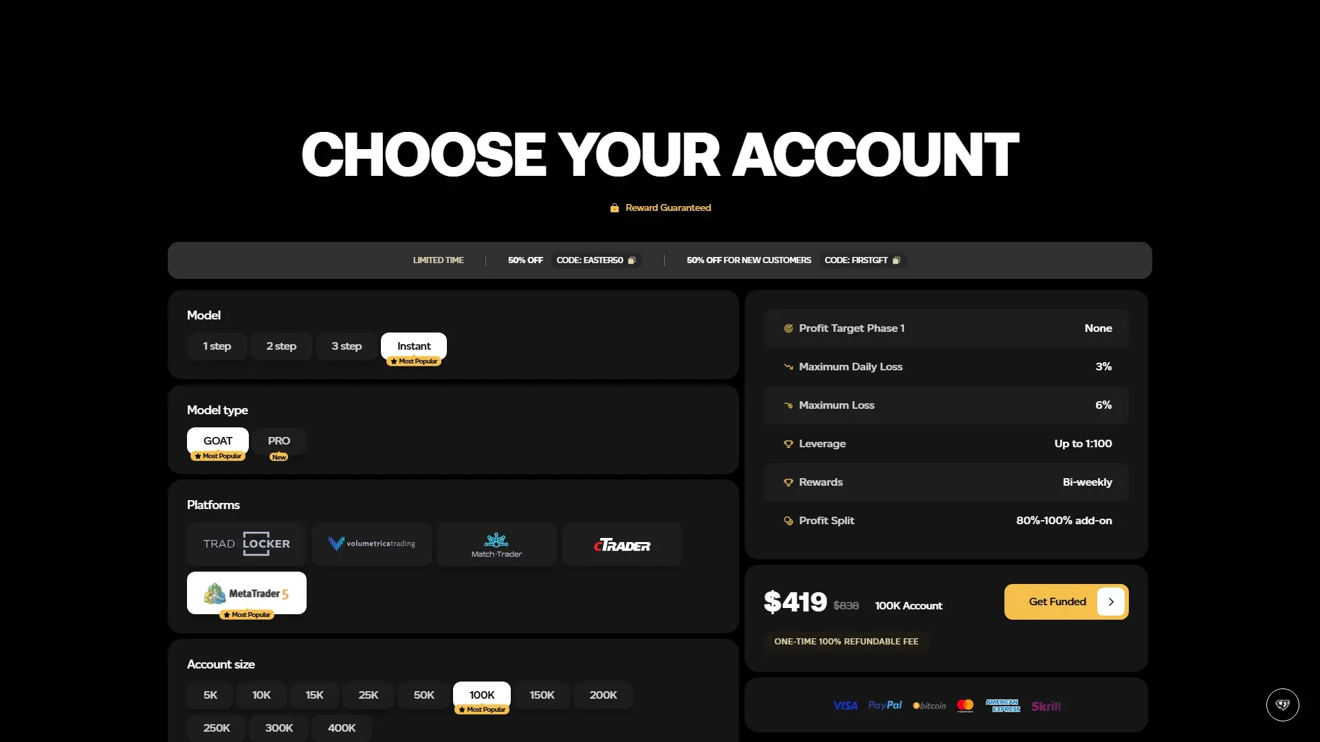 Goat Funded Trader plans page screenshot