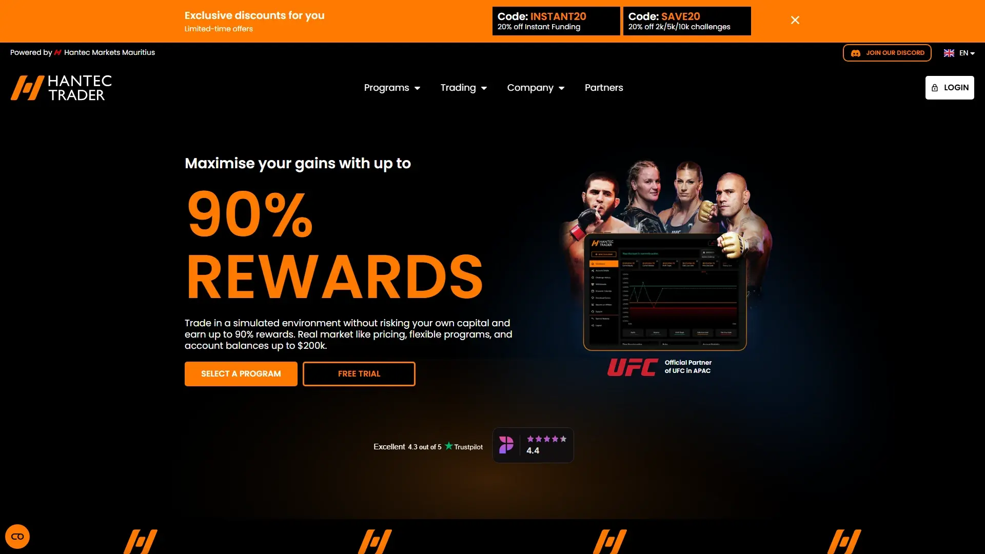 Hantec Trader homepage screenshot