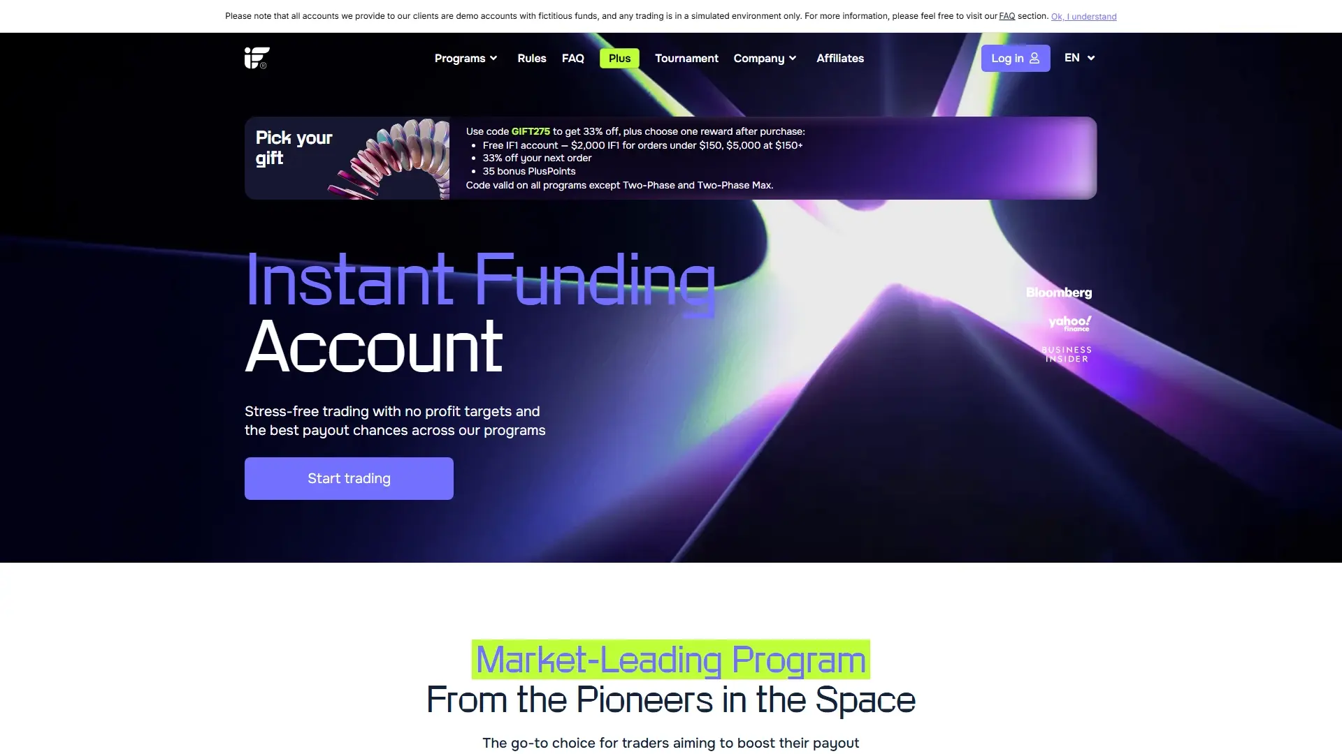 Instant Funding plans page screenshot