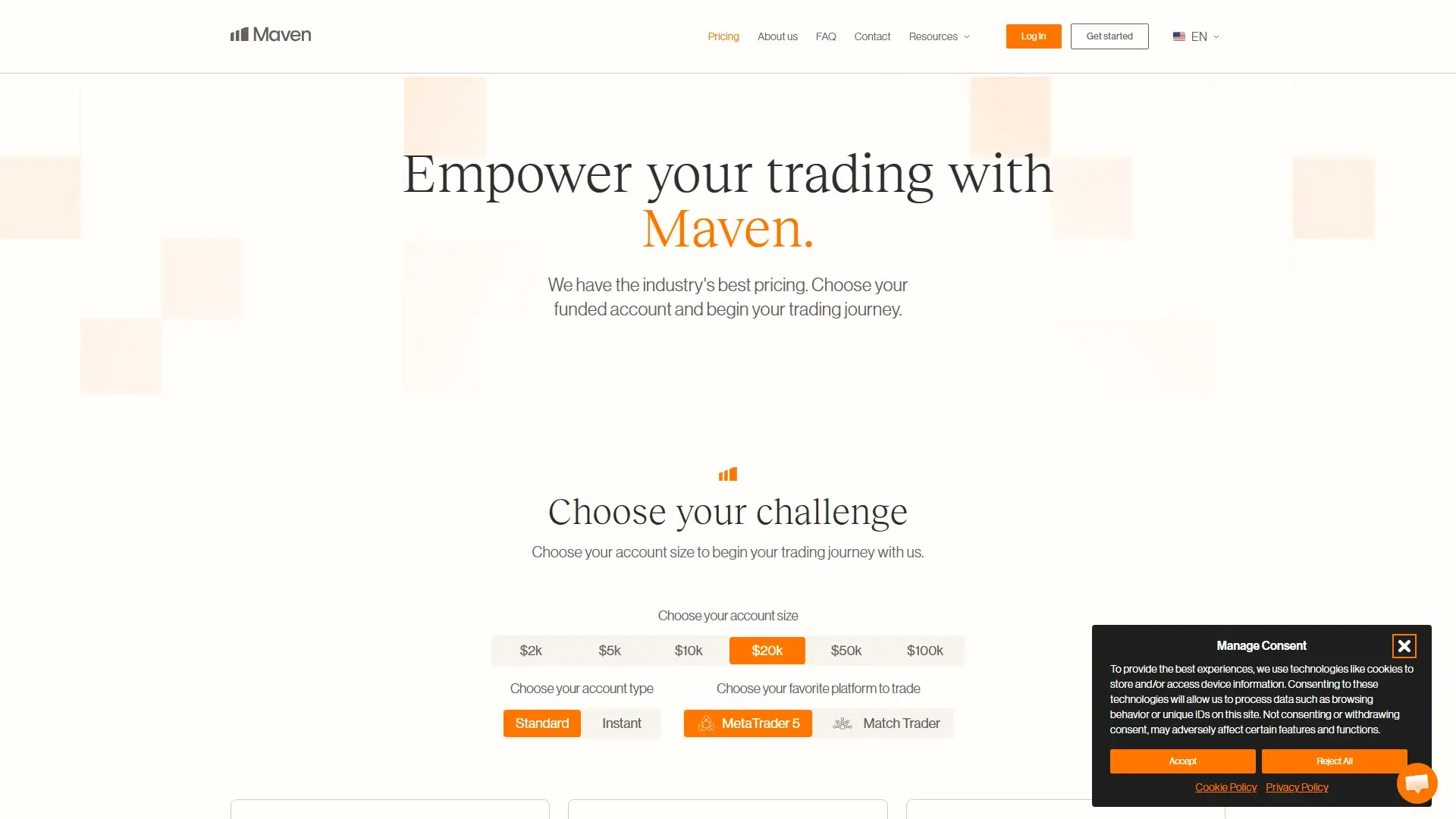 Maven Trading plans page screenshot