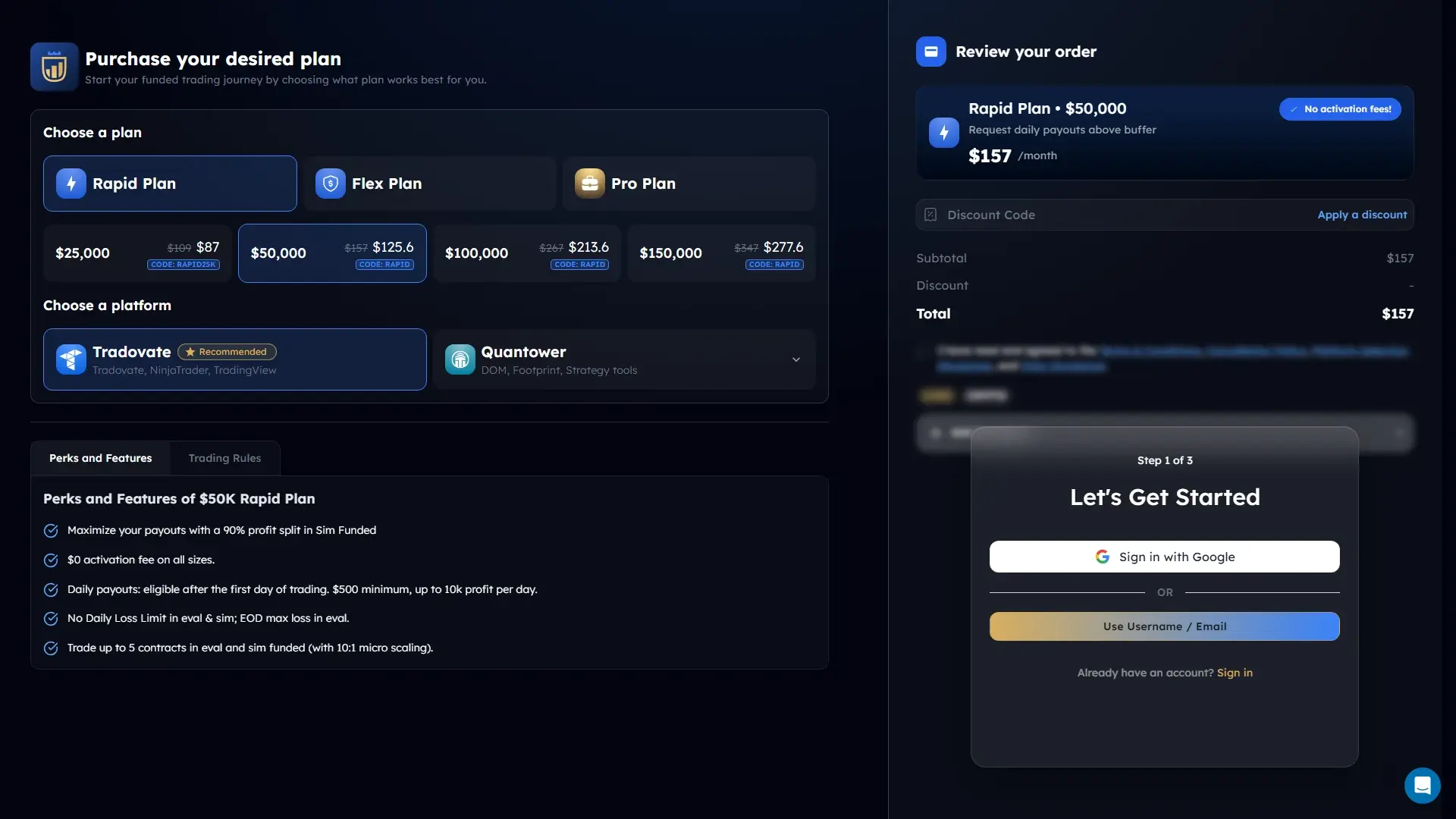 My Funded Futures plans page screenshot