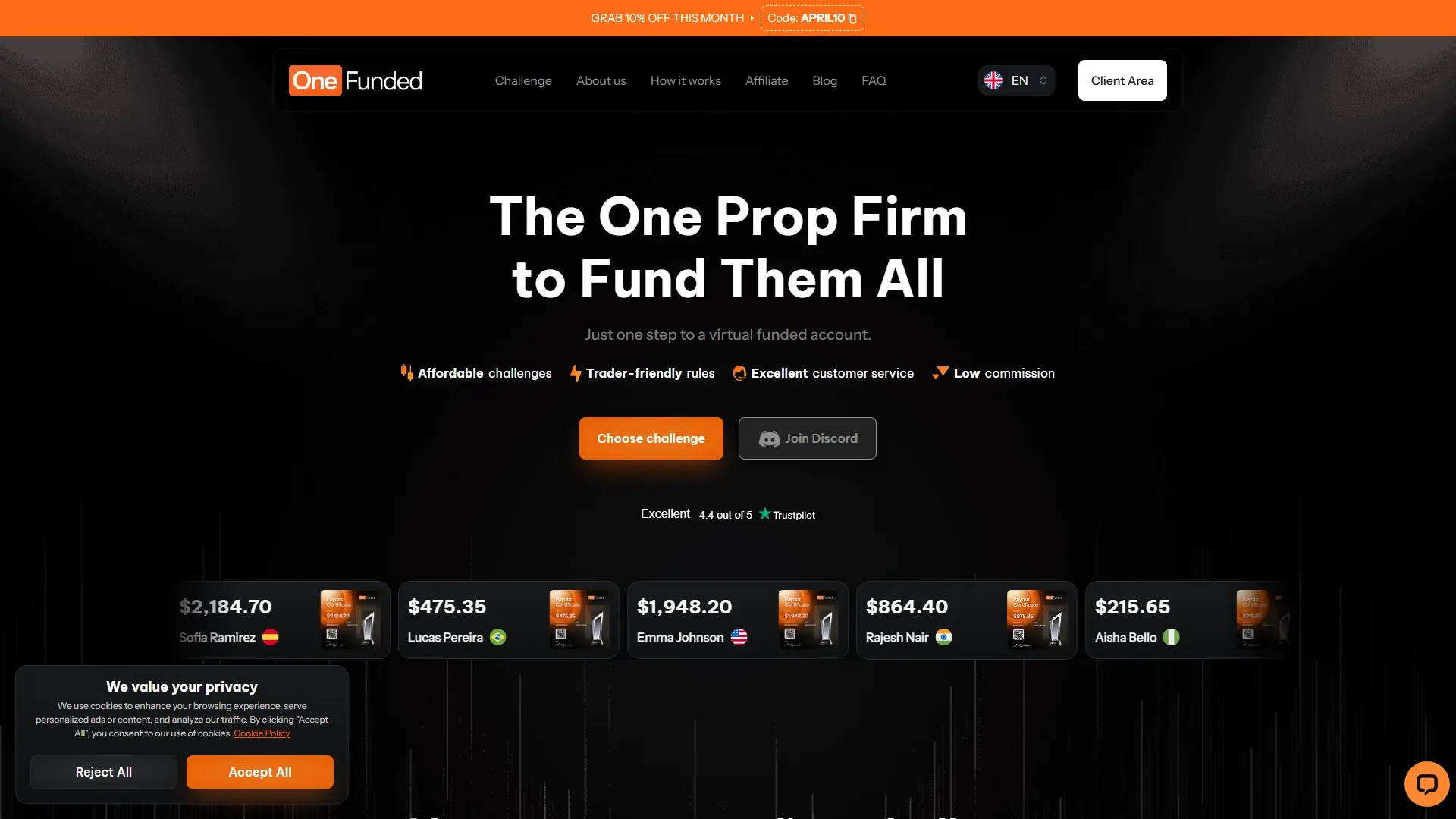 OneFunded homepage screenshot