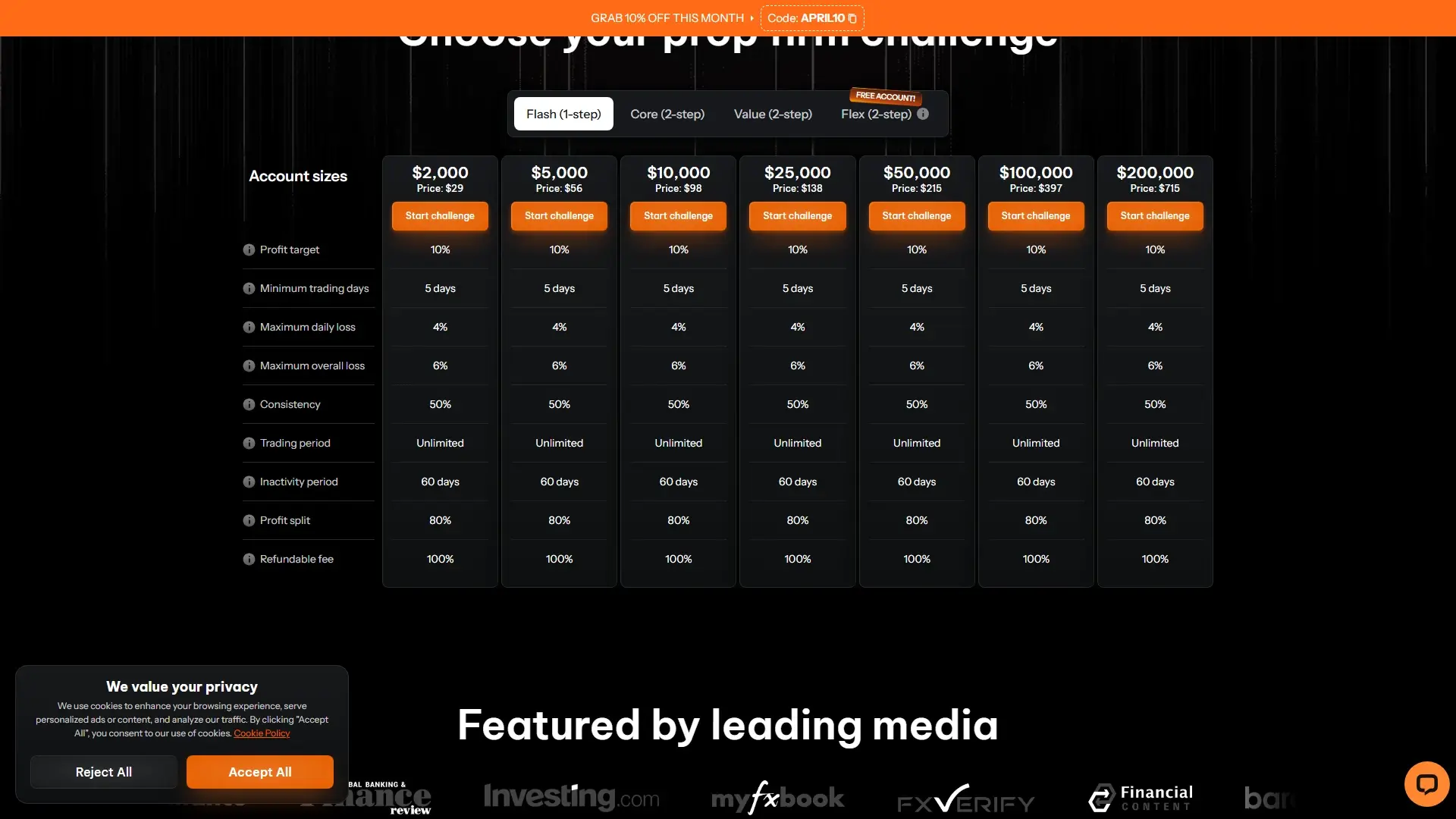 OneFunded plans page screenshot
