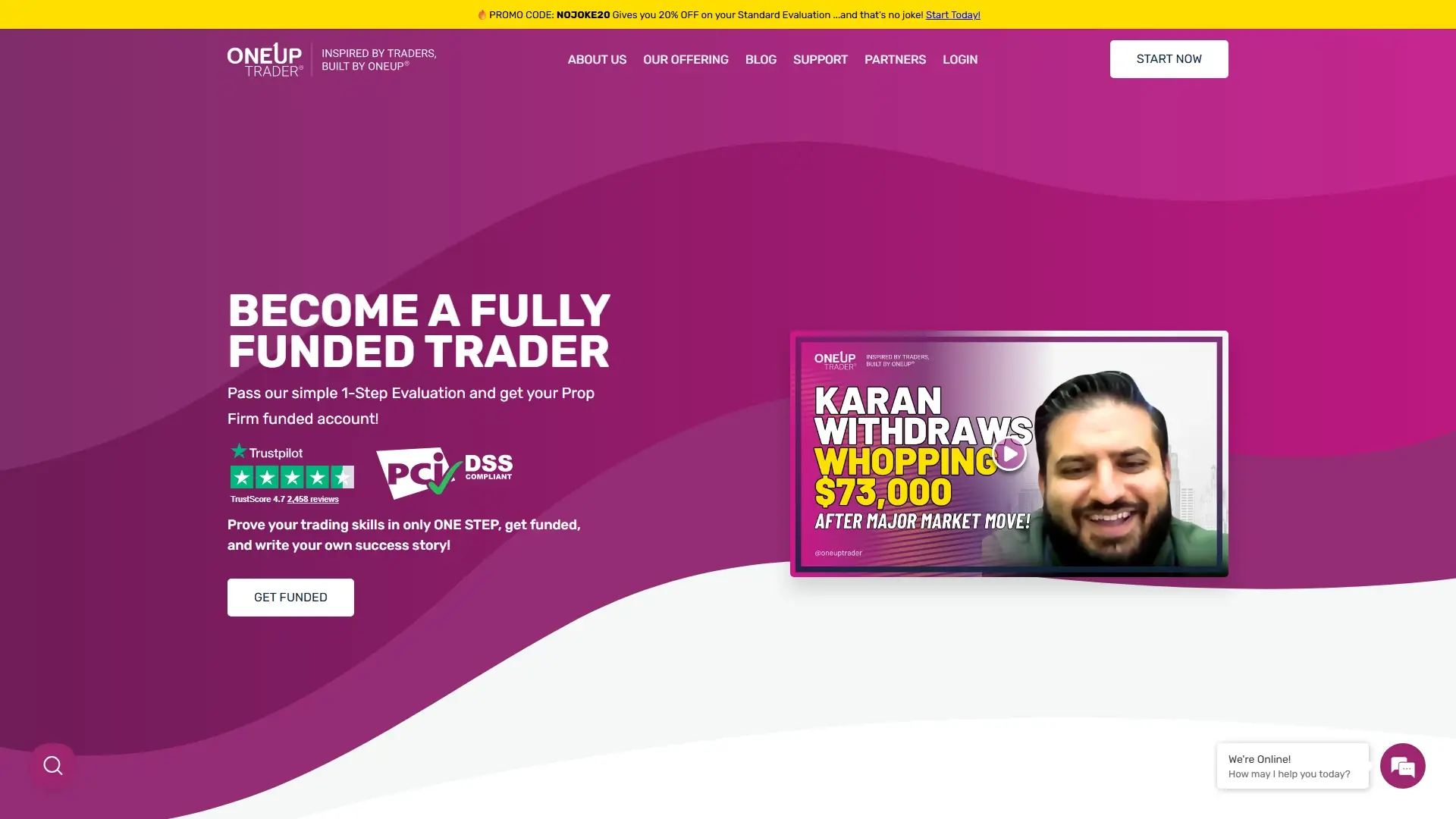 OneUp Trader homepage screenshot