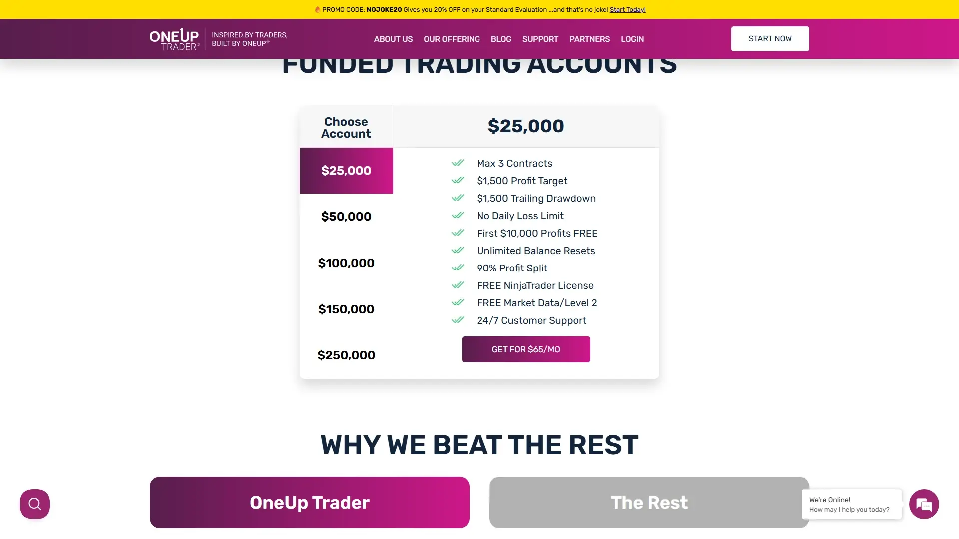 OneUp Trader plans page screenshot