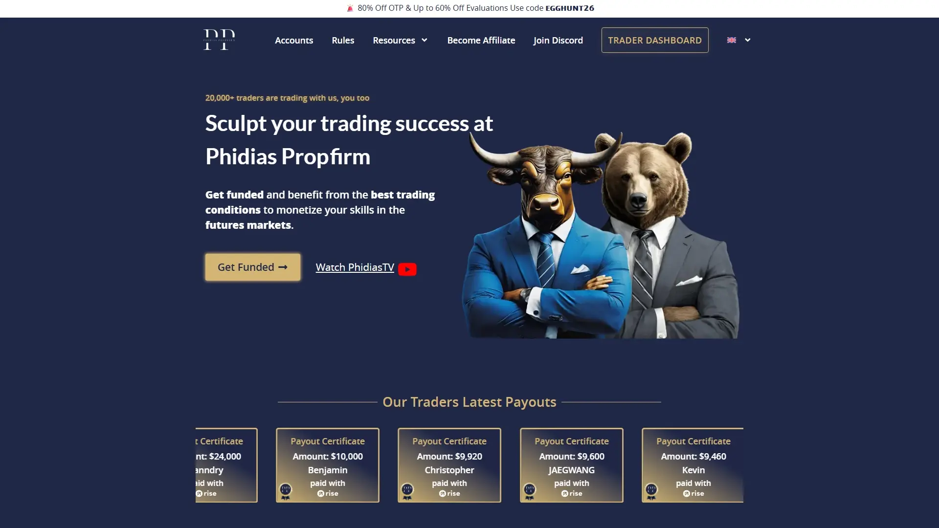 Phidias Propfirm homepage screenshot