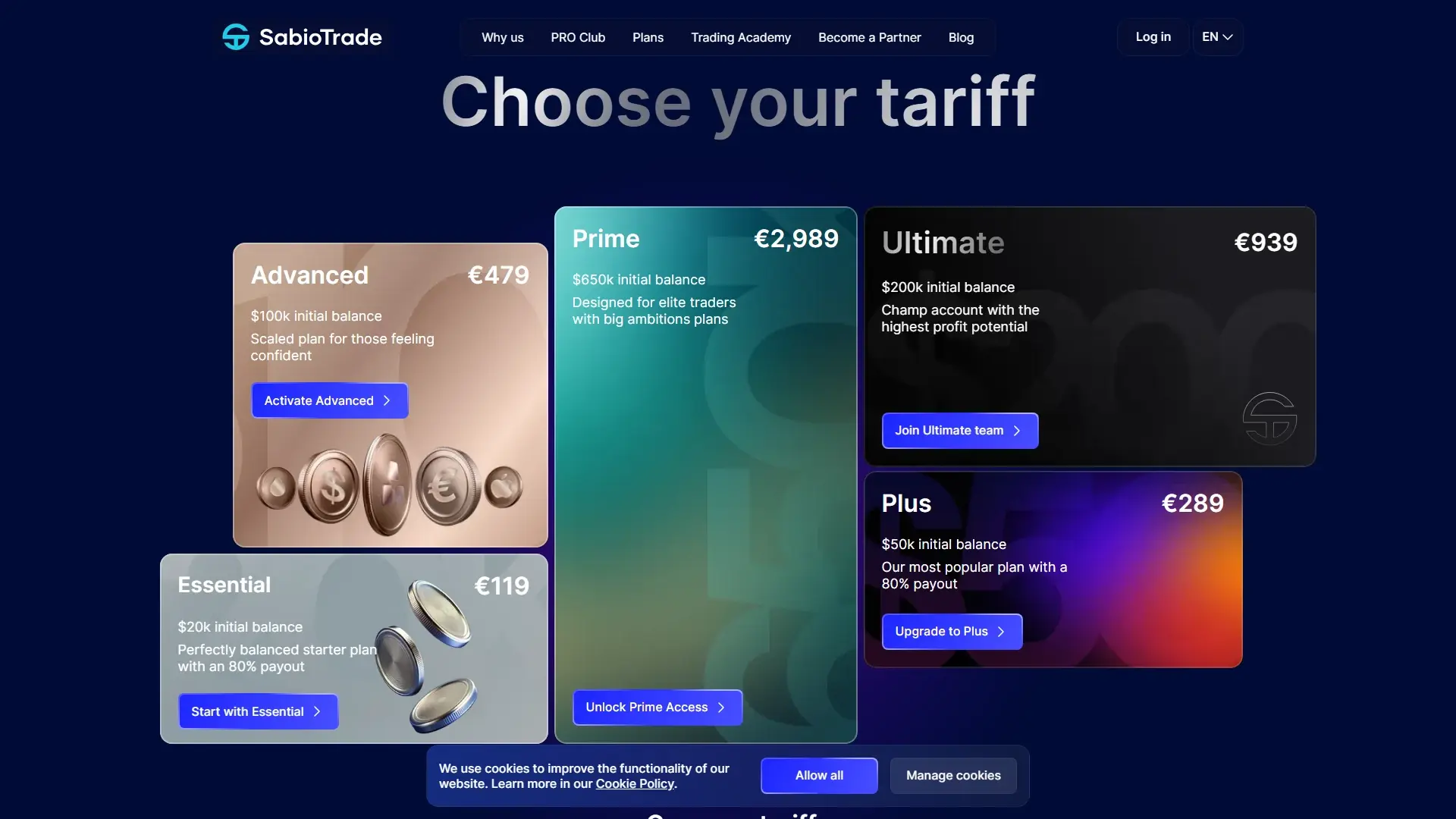 SabioTrade plans page screenshot