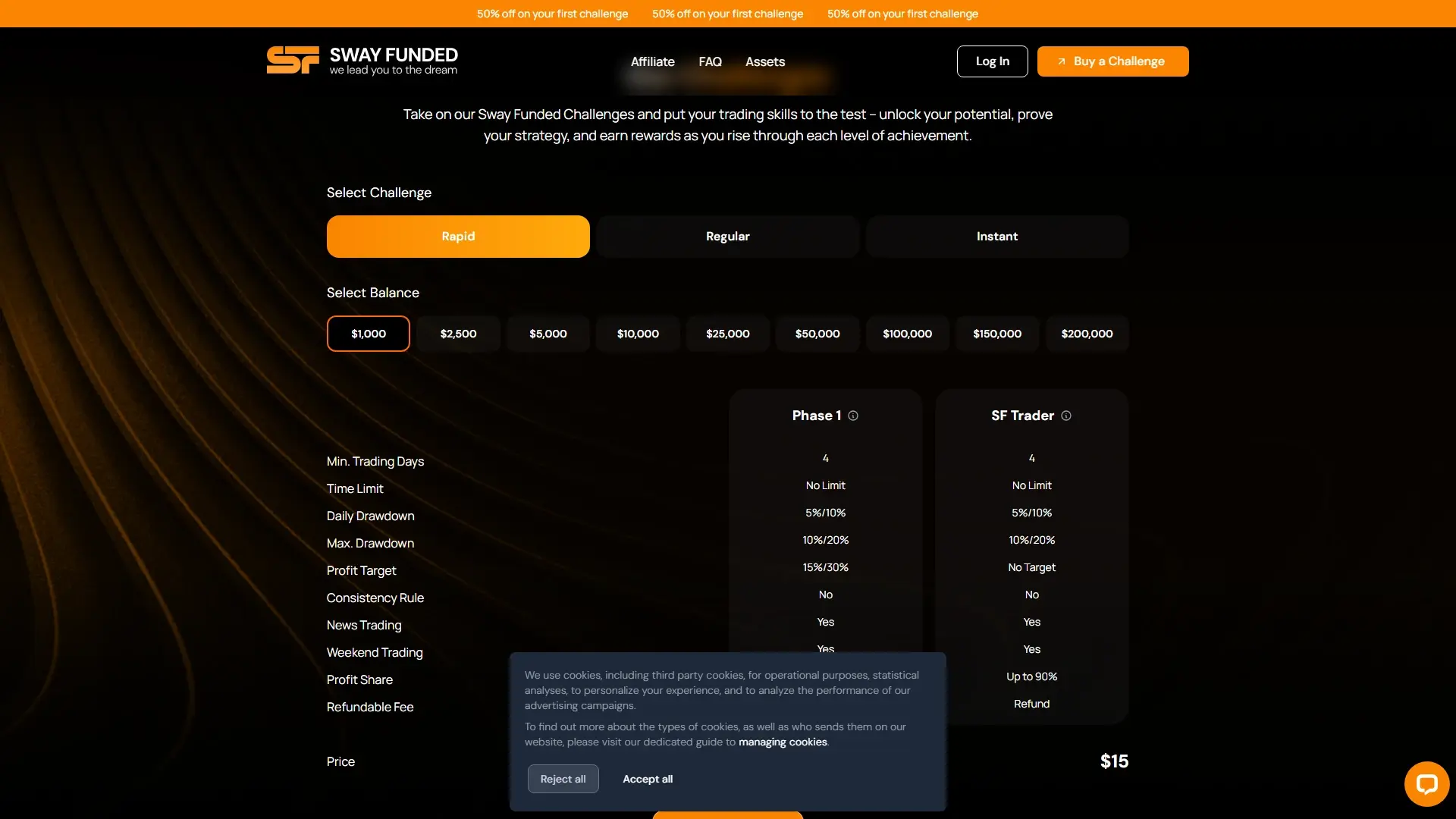 Sway Funded plans page screenshot
