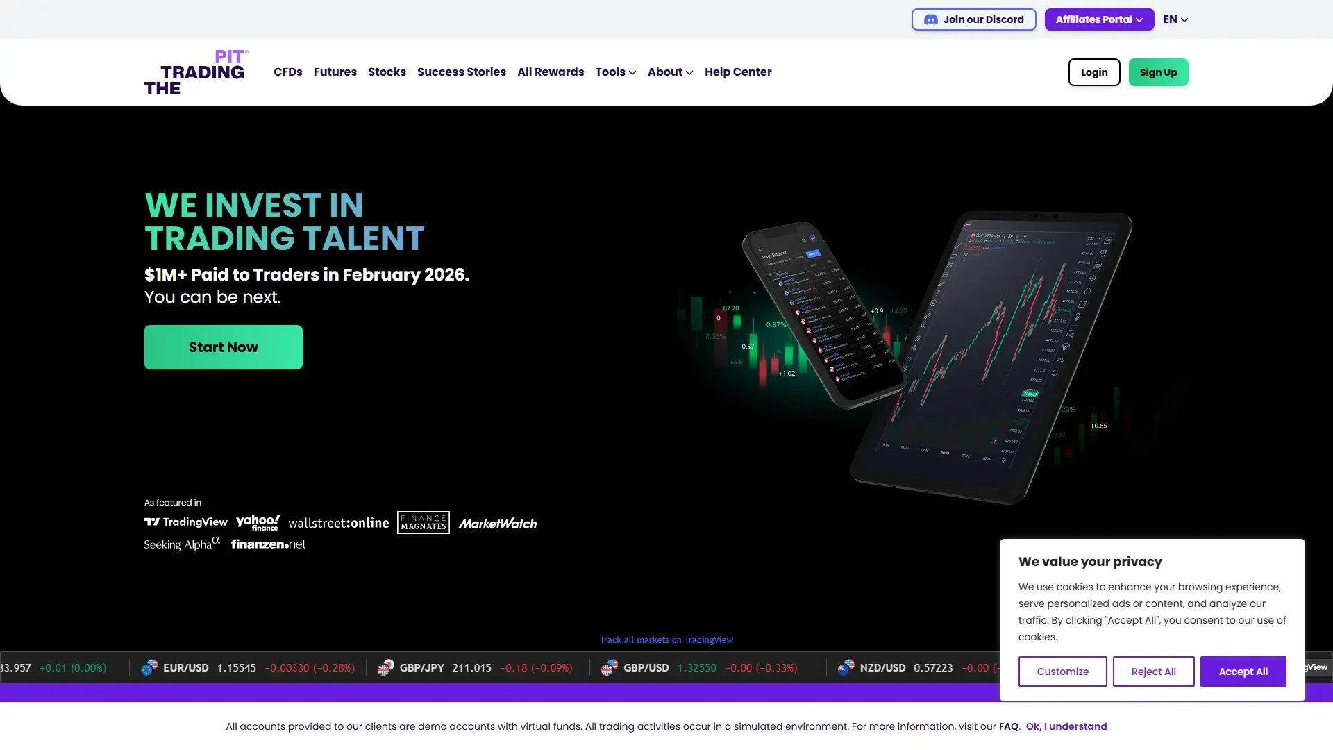 The Trading Pit homepage screenshot