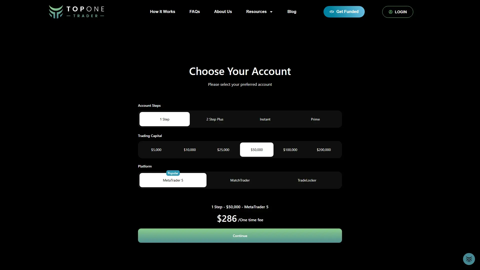 Top One Trader plans page screenshot