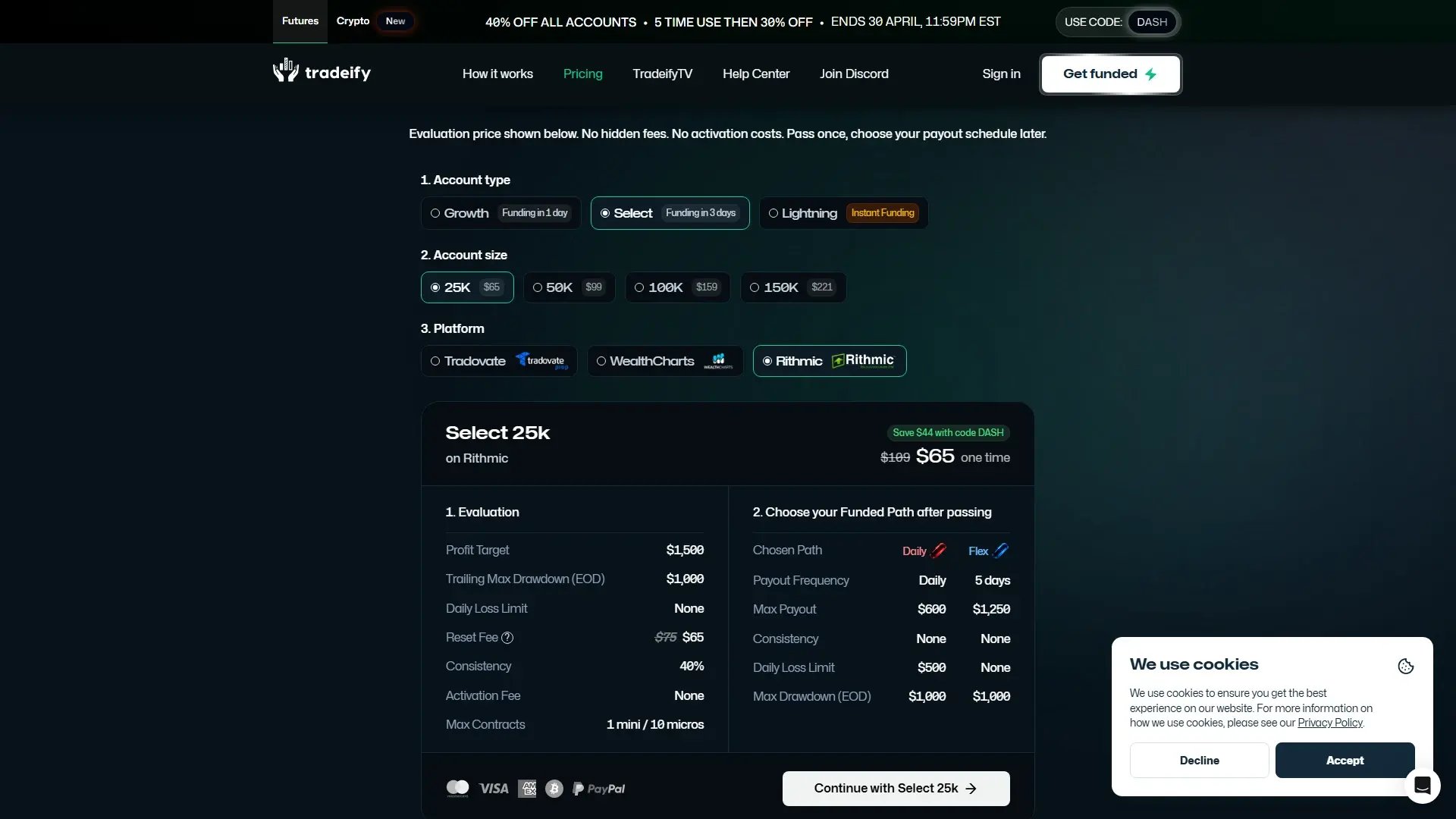 Tradeify plans page screenshot