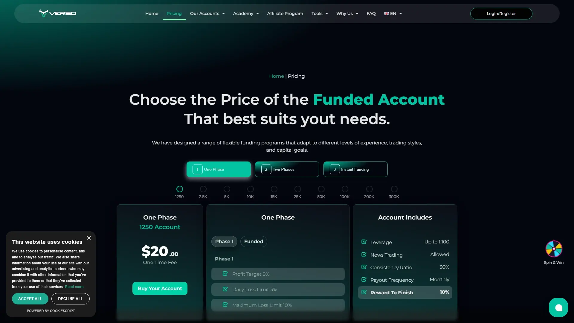 Verso Prop Firm plans page screenshot